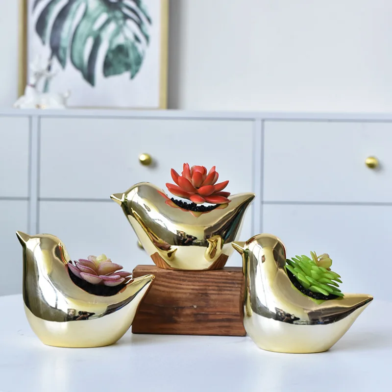 

Electroplating Golden Ceramic Bird Flower Pot Cute Cartoon Animal Porcelain Vase Plant Flower Flowerpot Desktop Interior Decor