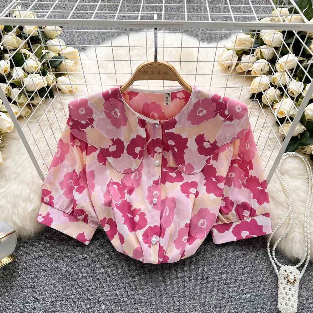 

Japanese retro oil painting palace floral blouse summer 2022 new loose and thin Korean version short-sleeved shirt women's top