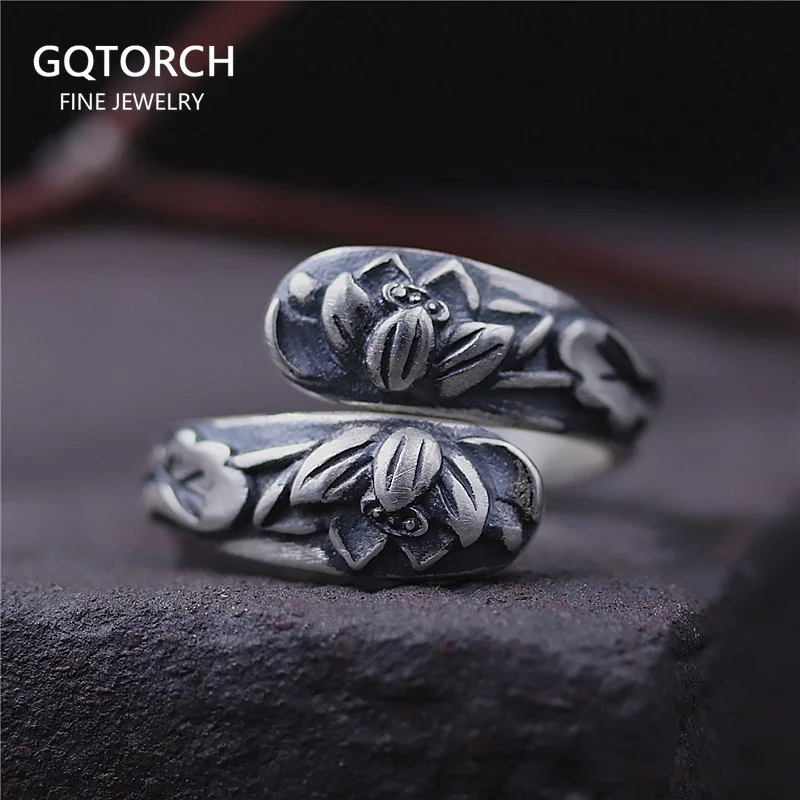 

Solid 990 Sterling Silver Lotus Rings for Women Open Type Vintage Engraved Flowers Ring Buddha Jewelry