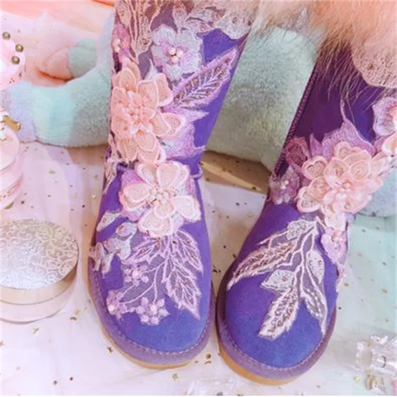 

Handmade custom embroidery flowers sweet purple flat bottom high tube fur one raccoon fur women's cotton shoes snow boots 35-41