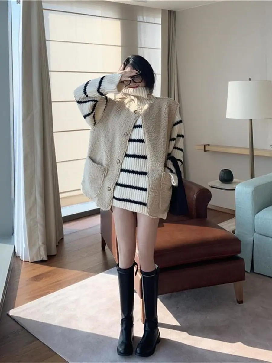 Модные полосатые топы Ulzzang Женский вязаный свитер зимняя свободная водолазка в