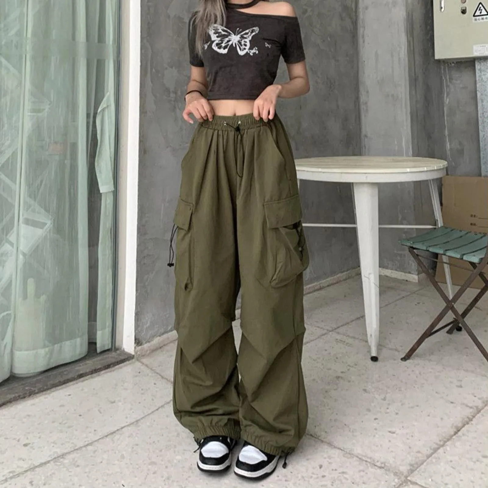 

Women Big Pockets Cargo Pants Y2k High Elastic Waist Drawstring Baggy Trousers Vintage Casual Loose Side Zipper Straight Pants