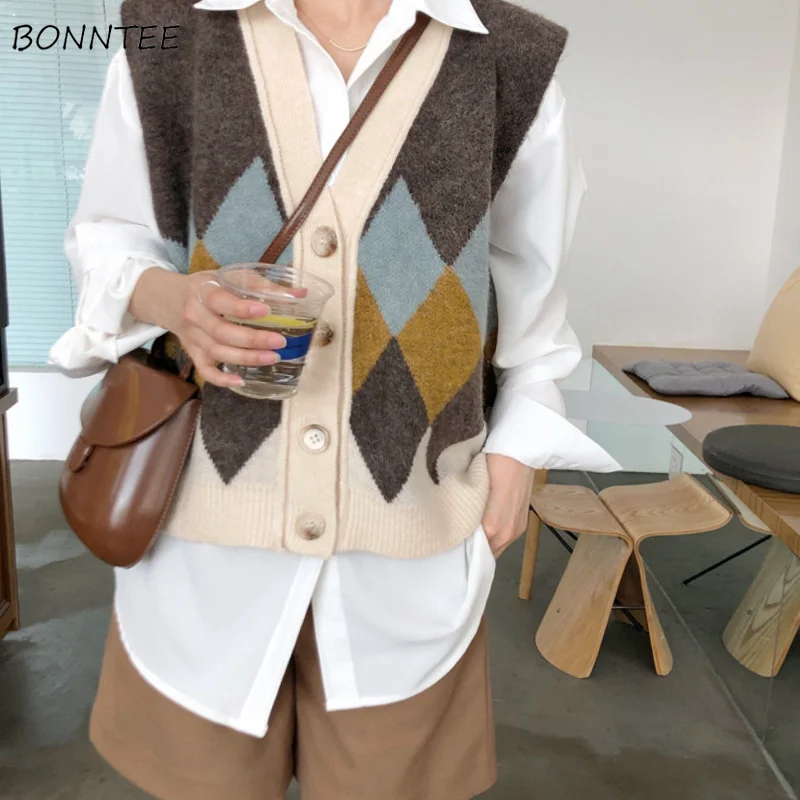 

Sweater Vests Women Winter Loose Sleeveless Stylish Argyle Design V-neck Sweet Ulzzang Knitting Pretty Mujer Outerwear Leisure