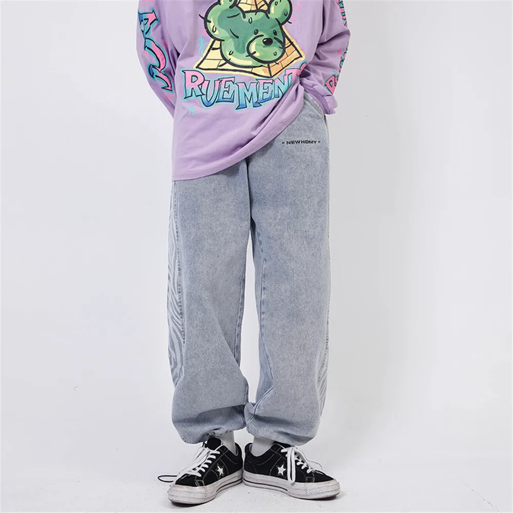 Elastic Waist Jeans Skeleton Baggy Casual Jean Pants Mens Japan Style Streetwear Straight Denim Trousers Male Vintage Blue