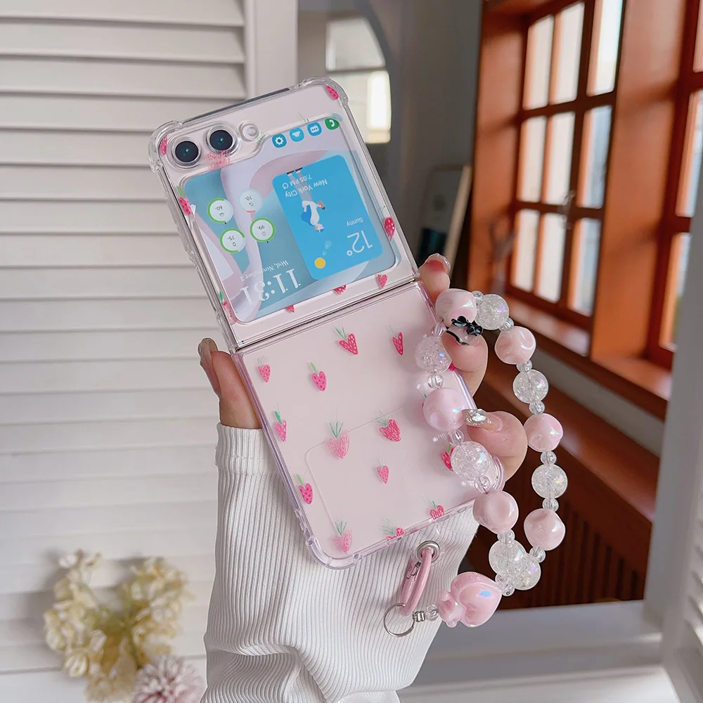 

For Samsung Galaxy Z Flip 5 4 3 Case Flower Fruit Bracelet Transparent Folding Shockproof Protection Hard Back Cover Accessories