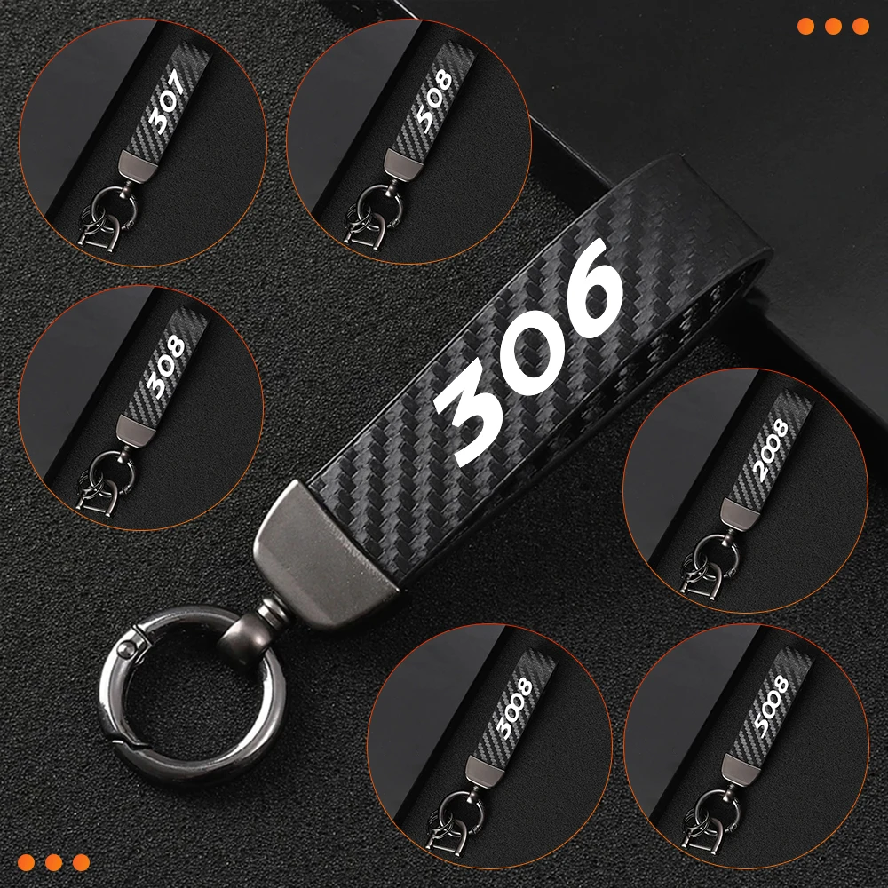 

For Peugeot 306 307 308 508 2008 3008 5008 Leather Keyring Carbon Fiber Stripe Metal Buckle Car KeyChain Key Strap Accessories