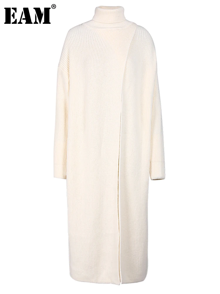 

[EAM] Women Apricot Irregular Slit Big Size Knitting Dress New Turtleneck Long Sleeve Fashion Tide Spring Autumn 2023 1DE588612