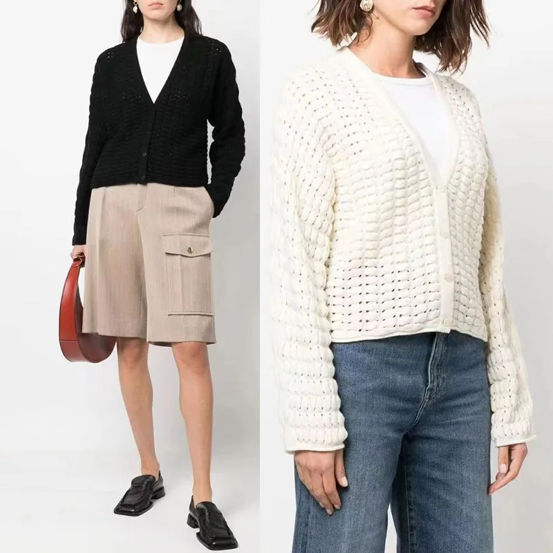 

Women V-neck Wool Knitted Cardigan with Concave Convex Checkered Ladies Simple Loose Single Breasted Short Sweater