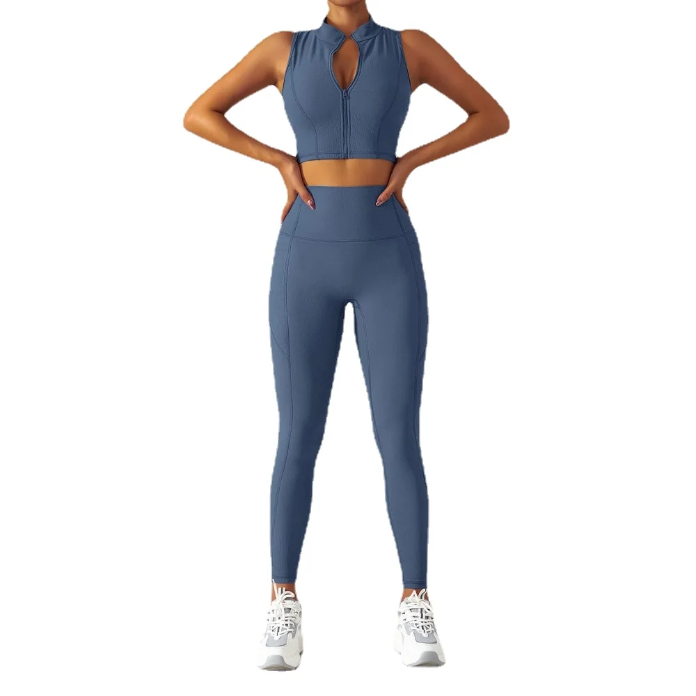 Breathable zipper long sleeve yoga clothes set female training outside wear fitness clothes high strength tight running sports s