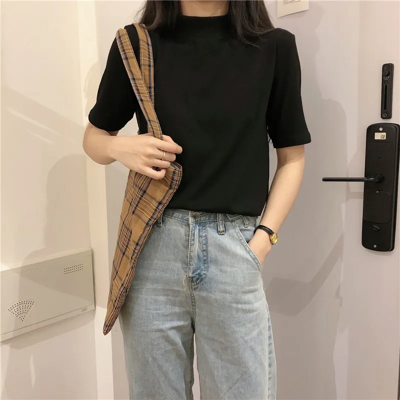 

Женская свободная футболка, Корейская версия, новинка весны 6278, футболка с коротким рукавом и высоким воротом, 2022