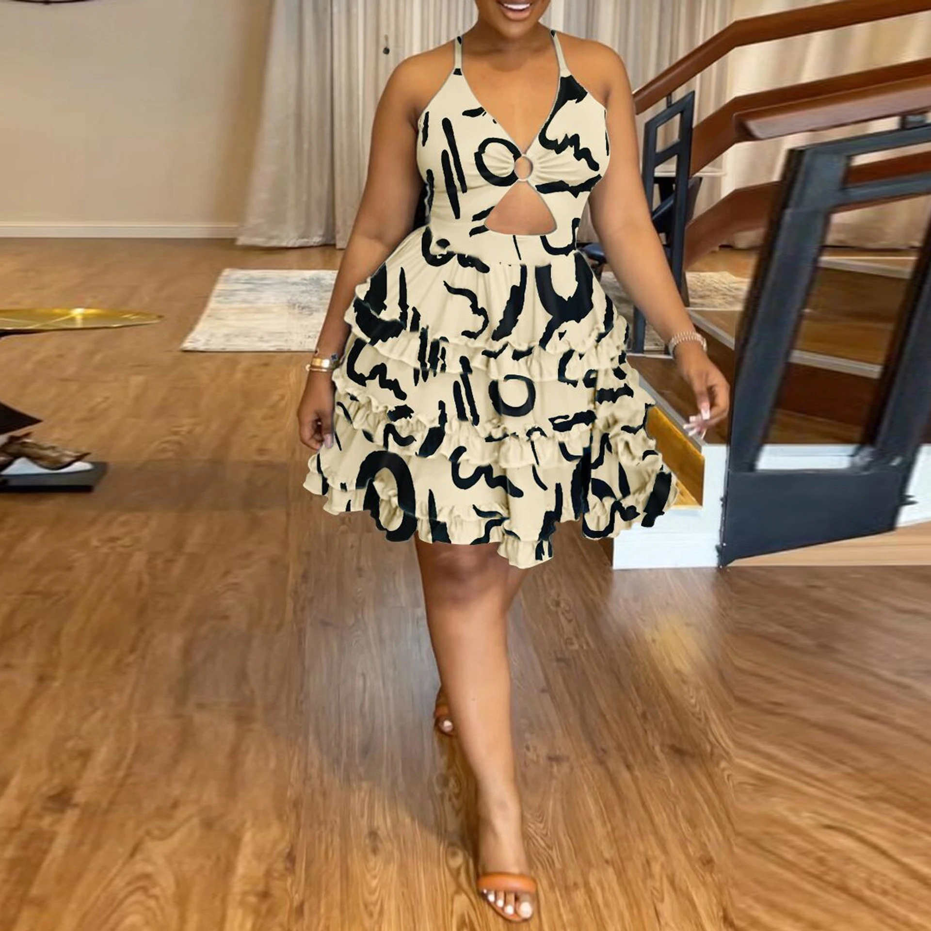 

Summer Fashion Cute Ruffle Suspender Mini Dress Women Sexy Sweet Backless Print V-neck Sleeveless High Waist Cake Dress Women