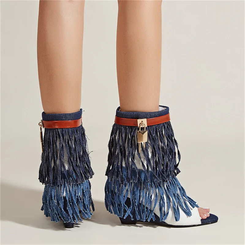 Women Boots Trend 2023 Spring Summer Fashion Tassels Fish Mouth Shoes Wedges Metal Lock Breathable Cool Denim Boots For Women