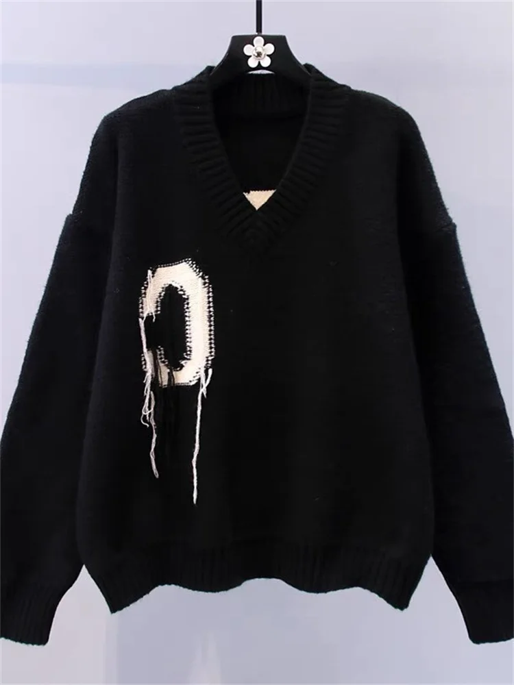 

Hsa 2022, женский свитер, Пуловеры с круглым вырезом, кисточками, буквами, вязаные Джемперы, корейская мода, черный пуловер, повседневный женский свитер