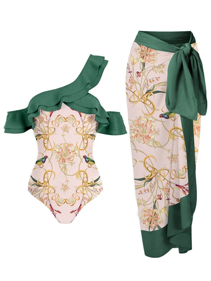 

Ruffled Colorblock Print Swimsuit Set One Shoulder Bikini 2023 New Swimwear Summer Female1 Piece Swim Suit Open Back Tankini