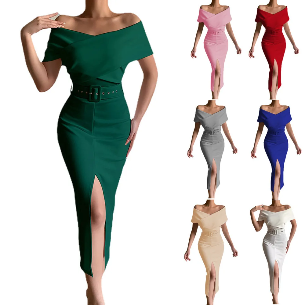 

2023 Sexy Solid Color Vintage Dress Women Solid Color Strapless Belt Slit Elegant Women Dress