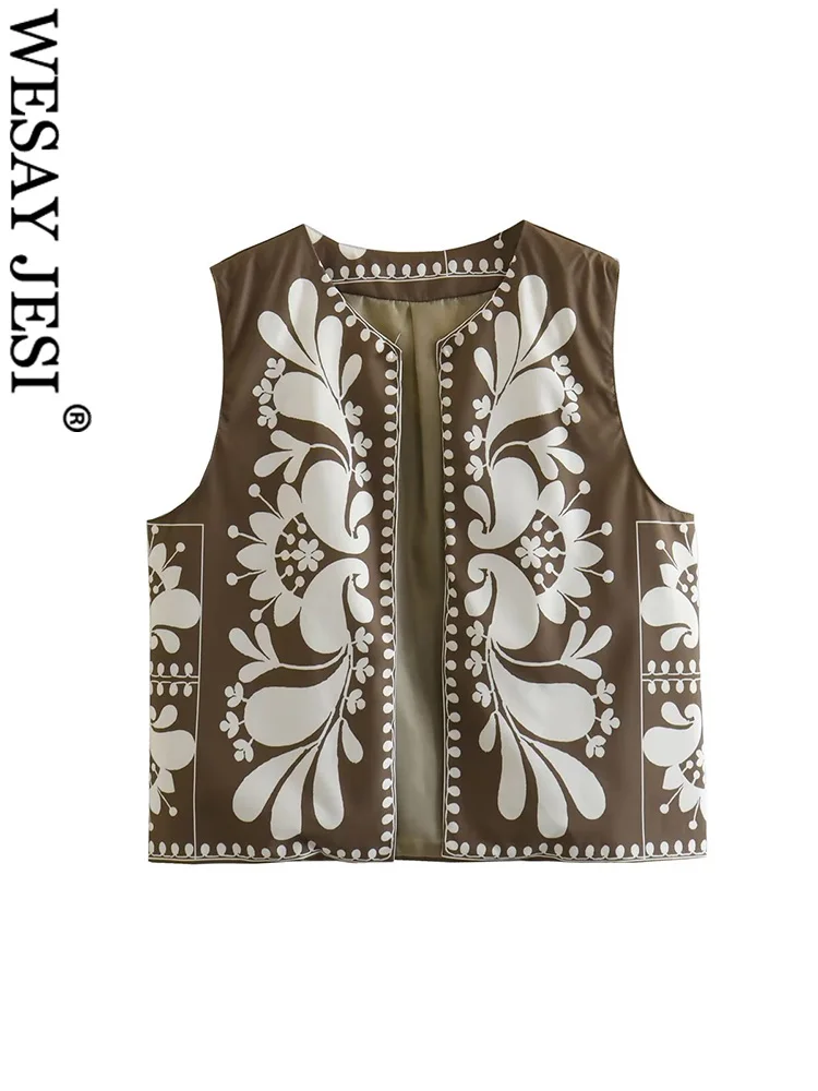 

WESAY JESI TRAF Women Fashion 2023 Spring Summer Sleeveless Print Crop V Neck Camis Vintage Causal Chic Tops Open Waistcoat