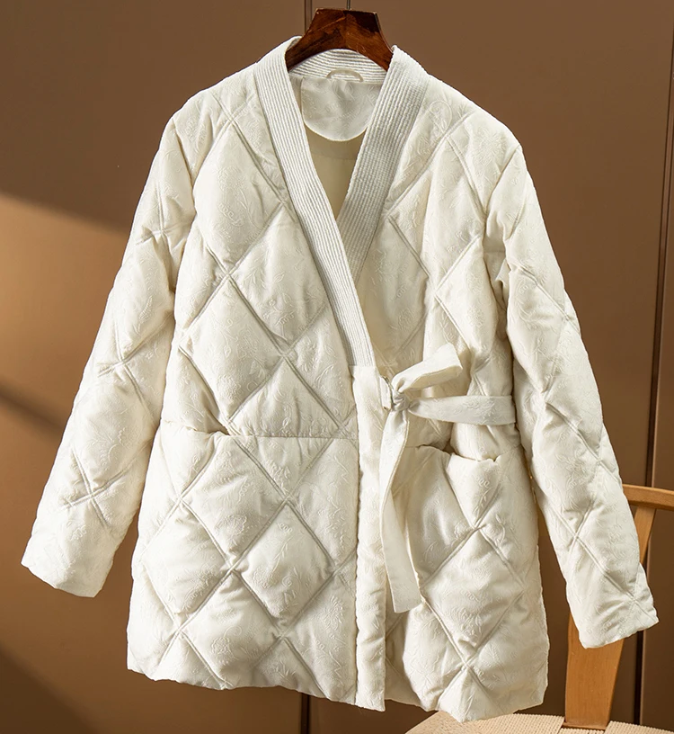 Jacquard 90%  White Duck Down Jacket Women  Luxury  Winter  Camperas De Mujer Invierno 2022 Thin Lace Up Belt Adjustable Waist
