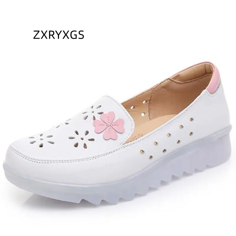

ZXRYXGS 2023 Premium Hollow Genuine Leather Shoes Flat Platform Shoe Non-slip Soft Wear Increase Shoes Breathable Sandals White