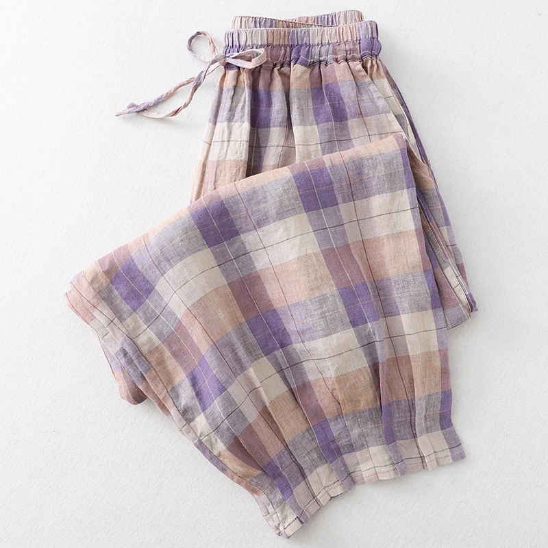 Женские хлопковые брюки до щиколотки повседневные свободные шаровары в клетку с