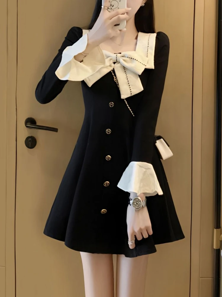 

Deeptown Korean Vintage Black Mini Tunic Dress Women Preppy Style Patchwork Long Flare Sleeve Princess Dresses Sweet Vestidos