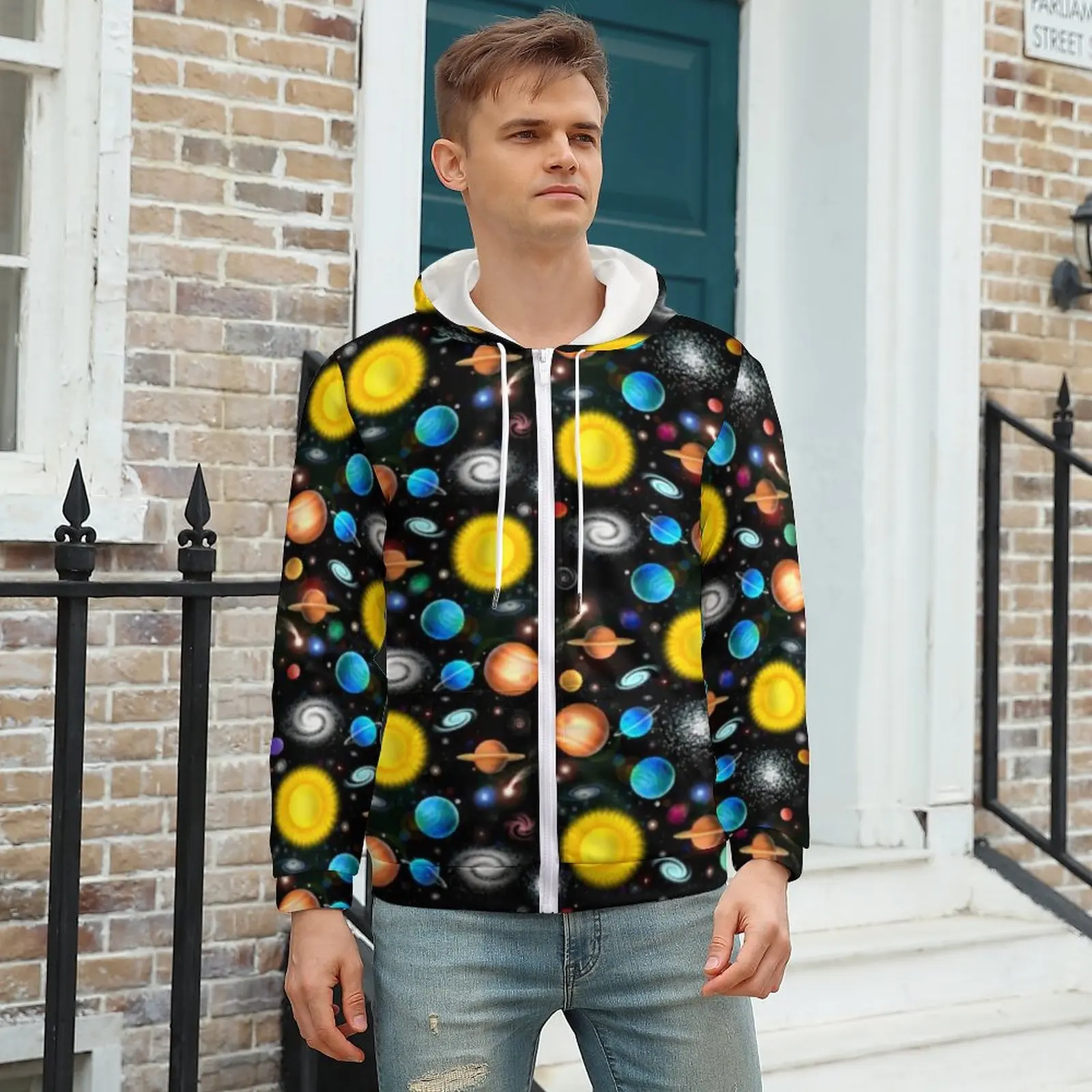 

Sun Print Hoodies Colorful Astronomy Space Polyester Zip Up Hoodie Nice Winter Hoodie Oversized