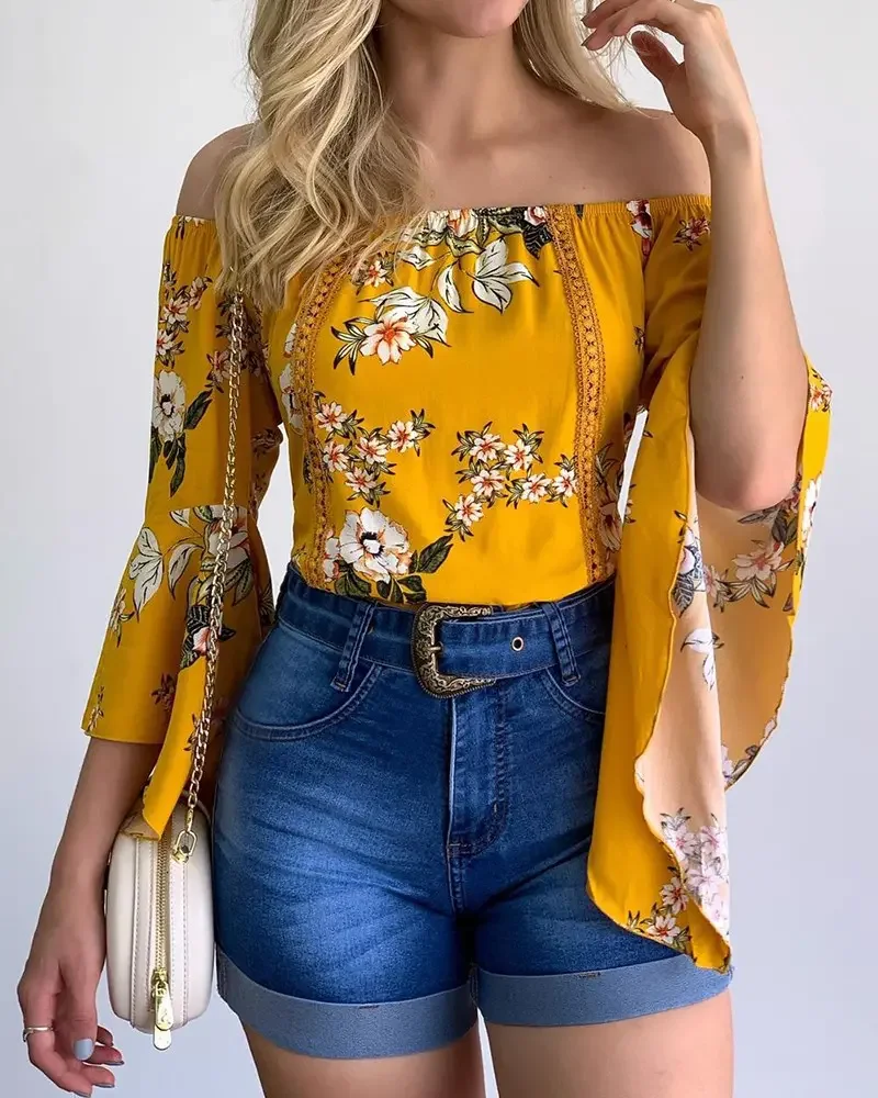 

Sexy Off Shoulder Floral Print Top for Women 2022 Spring Summer New Fashion Casual Bell Sleeve Women's Blouse