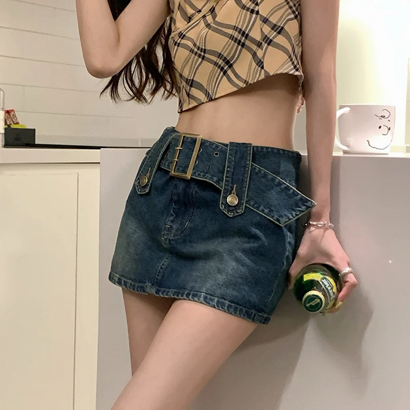 

Fashion Women Jean Slim Fit Denim Short Mini Skirt Sashes Mental Designer Sexy Bodycon Casual Stretch Jupe Femme