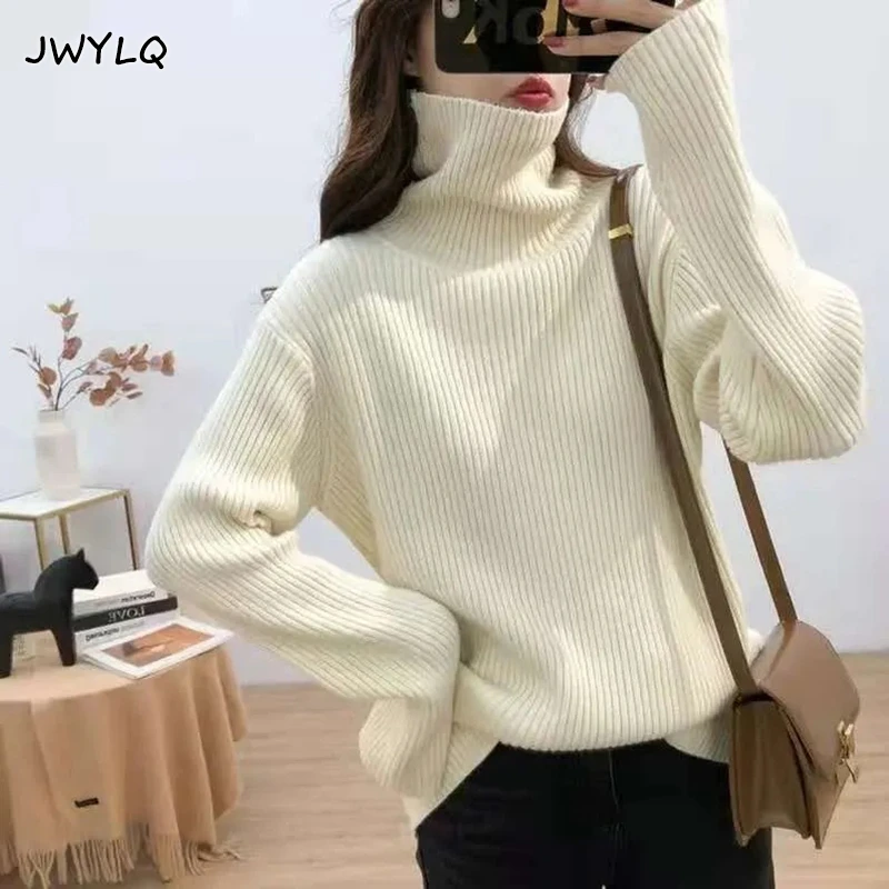 

Autumn Winter Turtleneck Sweater 2022 New Women Solid Color Thicken Warm Pullover All-match Loose Fashion Knit Long Sleeve Tops