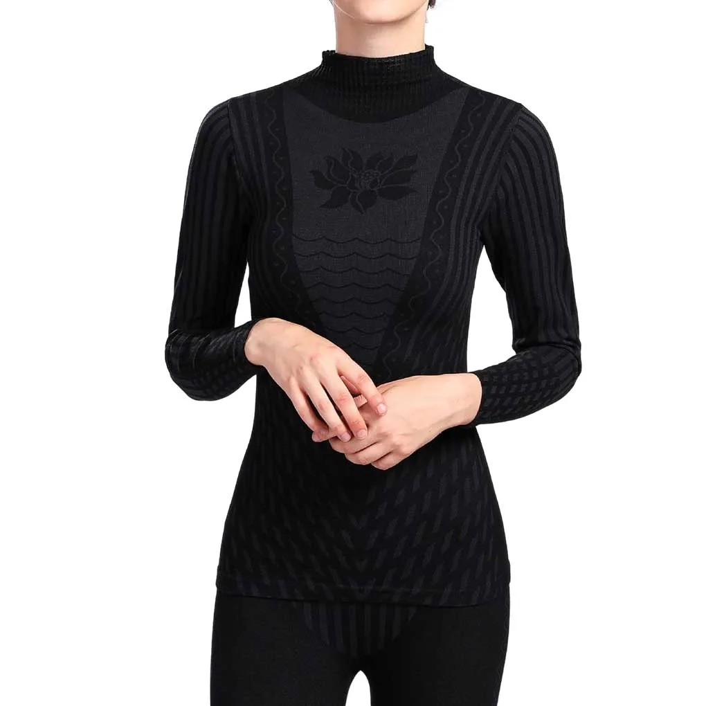 

Women Long Johns Suit Stripe Half-high Neck Underwear Set Winter Cold Weather Bottoming Baselayer Dressing Sleepwear