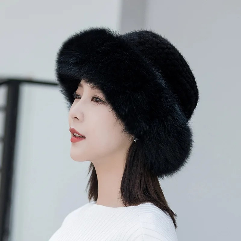 Fashion Women Winter Real Mink Hair Weave Hats Genuine Fox Fur Knit Cap Outdoor Warm Hat Elastic Soft Fluffy Natural Fur Hat