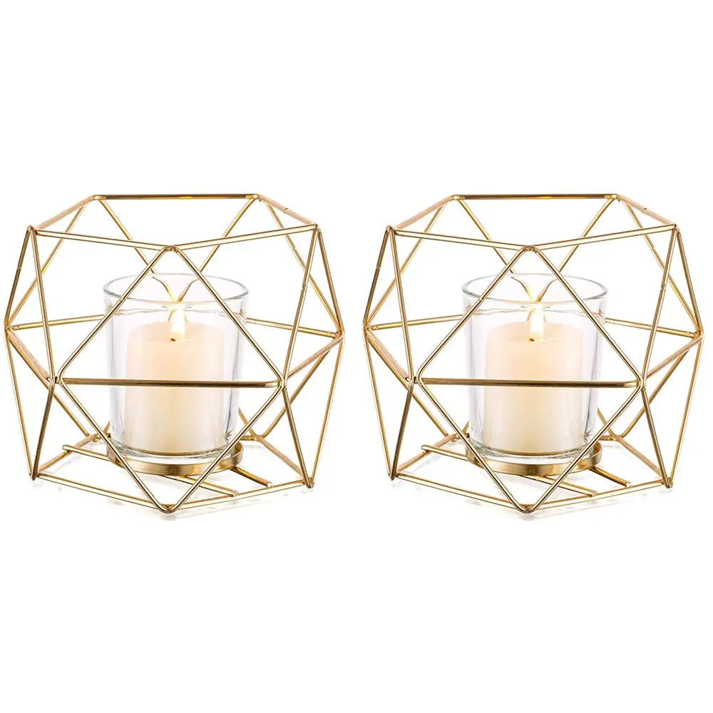 

Geometric Candle Holder for Tealight & Votive Candles with Glass for Table Centerpiece Set of 6, Gold