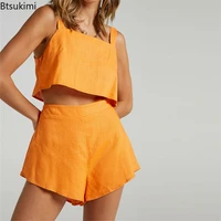 summer cotton linen womens shorts sets orange two piece set women vest shorts fashion 2022 tank shorts outfits female sets