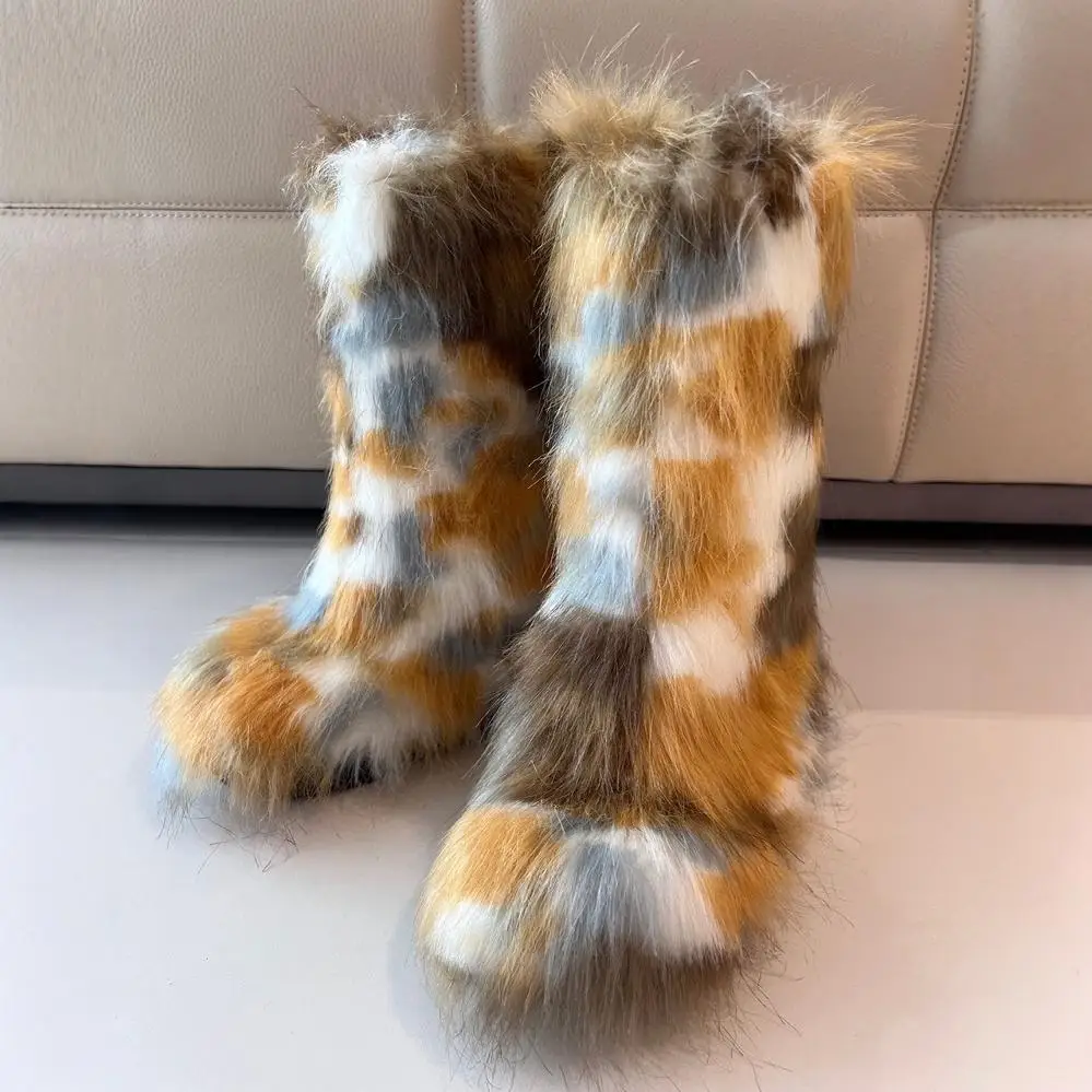 Красочные волосатые сапоги на толстой подошве круглый носок наклонный каблук