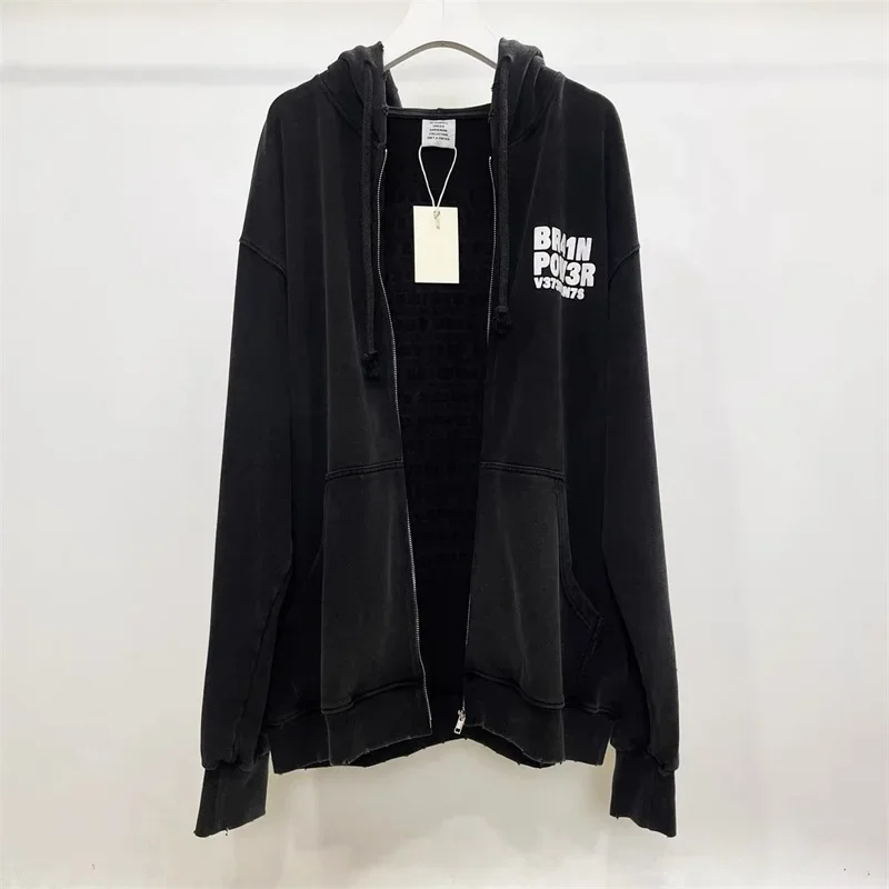 

24ss Washed Destroy VTM Men Jacket 1:1 Best Quality Front Back Letter Printing Oversized Women Zipper Jackets