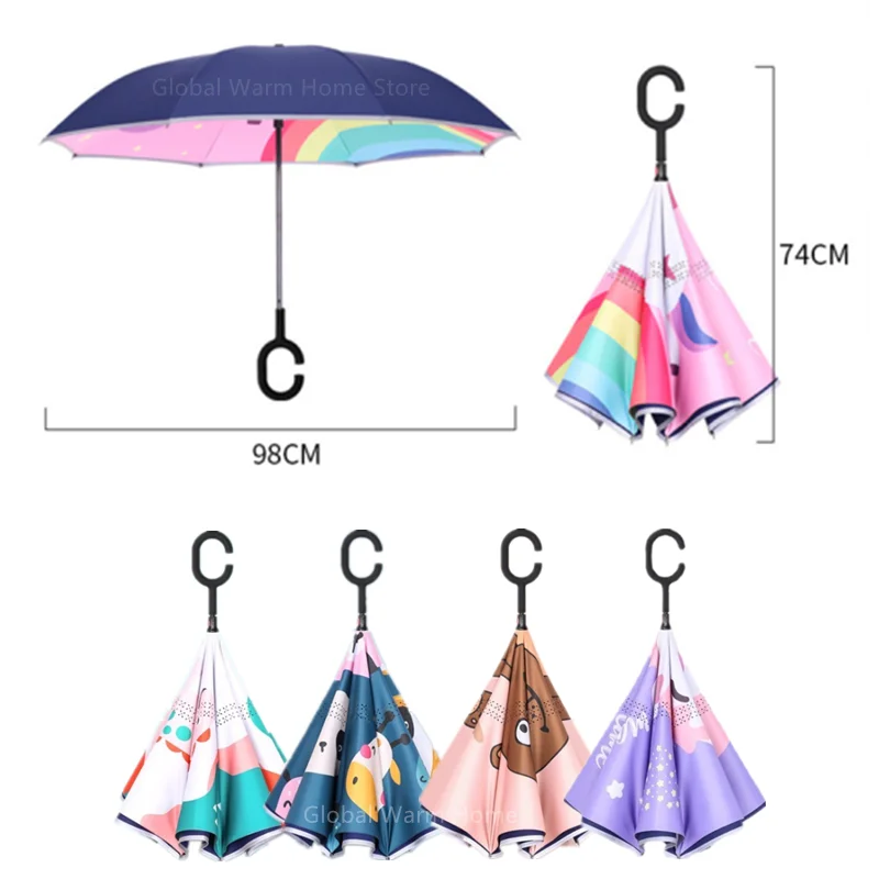 

2022 Creative Double Layer Reverse Umbrella Rain Women Kids Cute Cartoon Animal Sunscreen Long Umbrella Academy Girl Handle Free