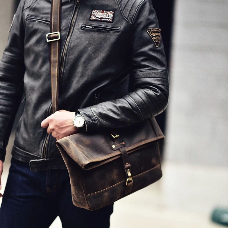 Vintage  Leather Motorcycle Men's Messenger Bag Crazy Horse Leather Folding Cover Shoulder Bag Luxury Cowboy 14