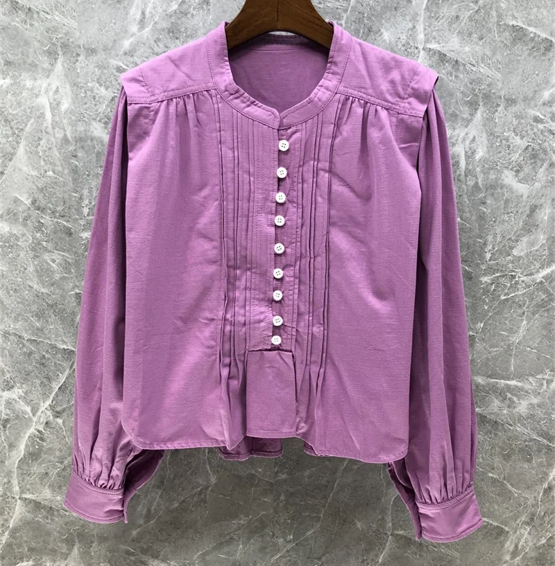 100%Cotton Blouse 2022 Summer Fashion Style Shirts Women Pleated Deco Long Sleeve Casual Button Shirts White Purple Blouses