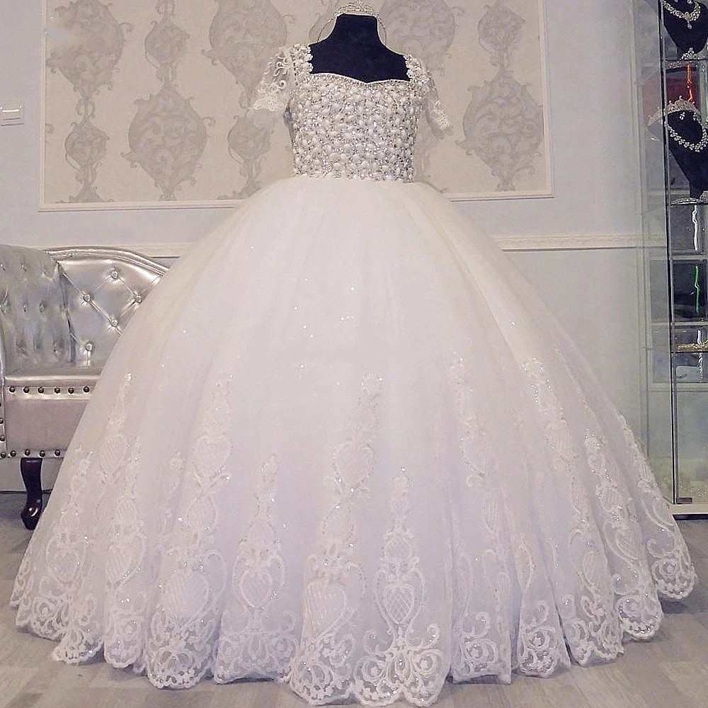 

Ball Gown Flower Girl Dress Short Sleeves Children Wedding Party Gown Costumes Pageant Party Prom Gown First Communion