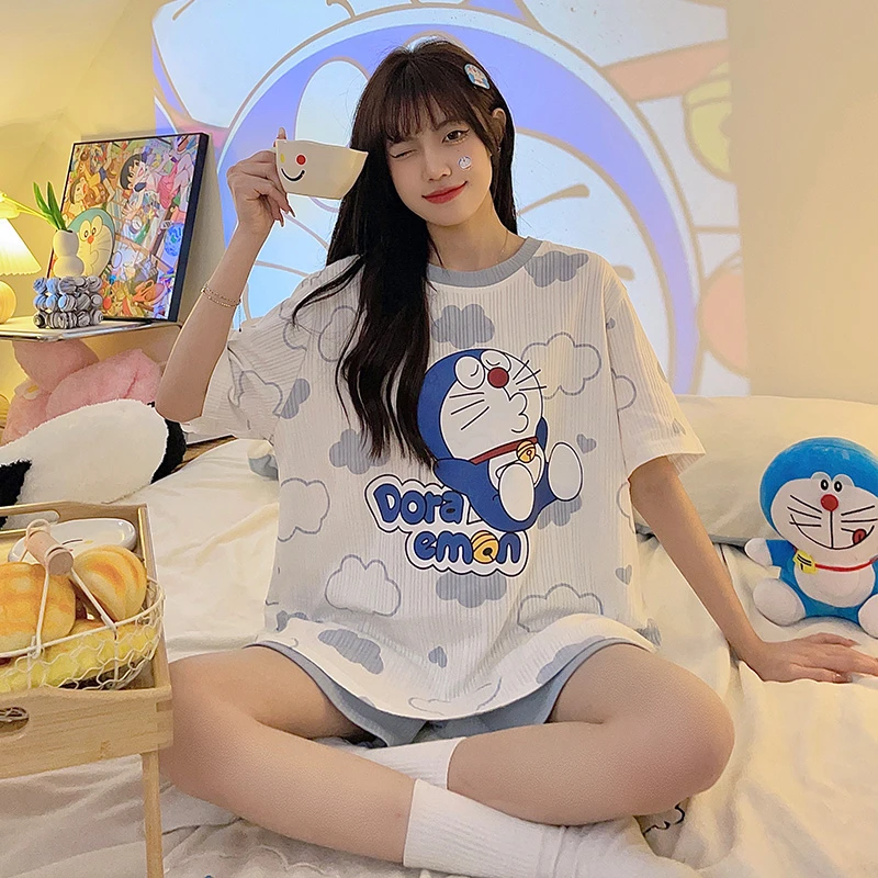 

Summer Pajama Sets For Women Adult Cartoon Anime Doraemon Sleepwear Cotton Pyjama Pour Femme Girl Homewear Short Pijama Female