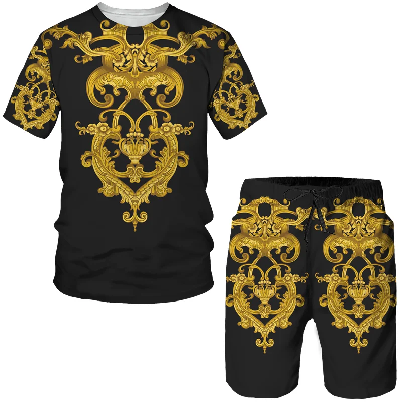 Summer Men Short Sleeve T-shirts Casual Retro Tracksuit  Lion 3D Printed Oversized  Streetwear Suit Fashion  Shorts 2 Piece Set