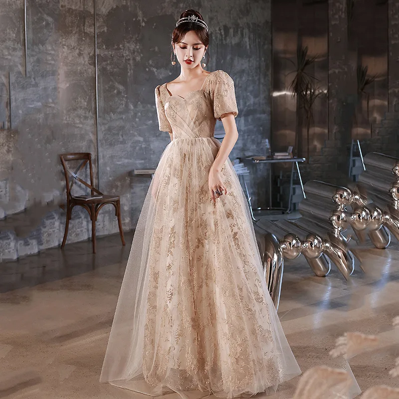 

Женское вечернее платье цвета шампанского, длинное фатиновое платье с квадратным вырезом, открытой спиной и бисером, официальное платье