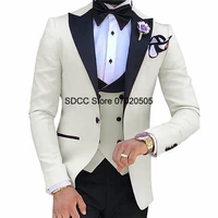 white mens tuxedo suit 3 pieces set iapel collar luxury wedding groomsmen party blazer jacket vest pants traje lino hombre