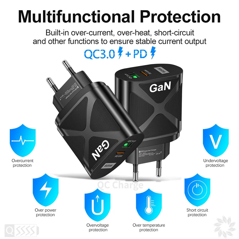 Быстрое зарядное устройство 65 Вт GaN US/EU/UK штепсельная вилка Type-C PD + QC3.0 USB 5 В/6.6A 9 В/3A