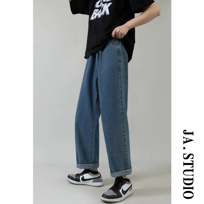 Blue/Black Jeans Men Fashion Cotton Casual Wide Leg Plaid Jeans Men Streetwear Loose Hip Hop Straight Denim Pants Mens Trousers