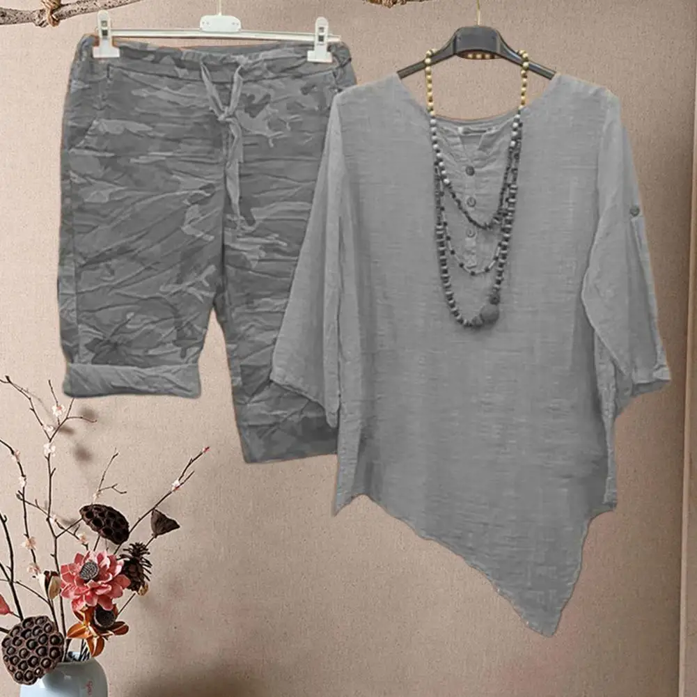

Solid Color Casual Outfit Fashionable Women's Camouflage Print Tracksuit with Irregular Hem Elastic Waist Shorts Summer Women