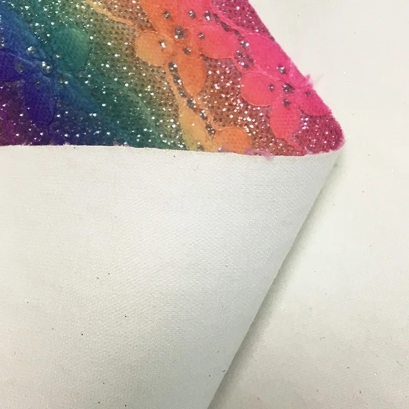 

XHT-402 Rainbow Rose Design Lace Mesh Glitter Synthetic Leather Sheet Knitted Backing for Making Shoes/Bags/DIY Accessories