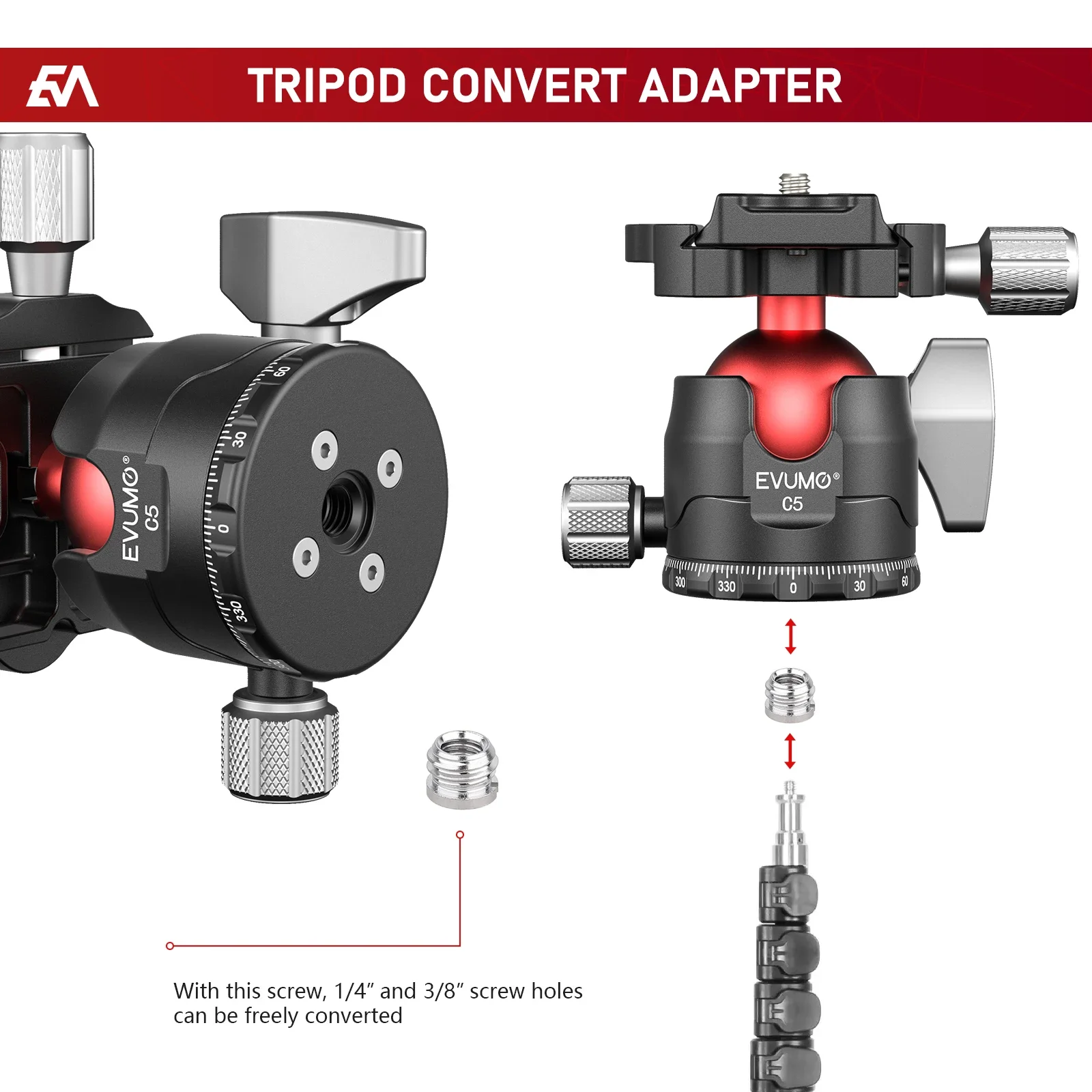 Фото Шаровая головка штатива EVUMO C5 360° °   Поворотная панорамная полная низкопрофильная швейцарская пластинчатая головка штатива с ЧПУ Arca для монопод камеры, нагрузка 15 кг №5