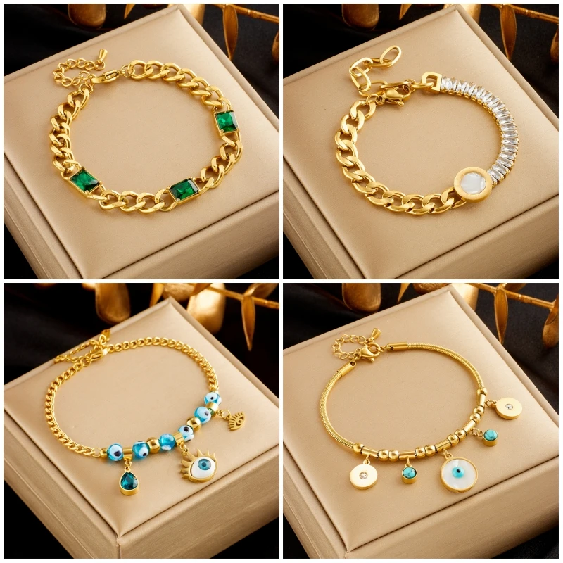 

DIEYURO 316L Stainless Steel Green Crystal Roman Numerals Blue Eyes Bangle Bracelet For Women Fashion Thick Chain Jewelry Gifts