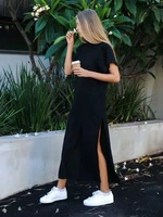 2022 maxi t shirt high slit dress women summer beach sexy party loose elegant casual cotton black long dresses