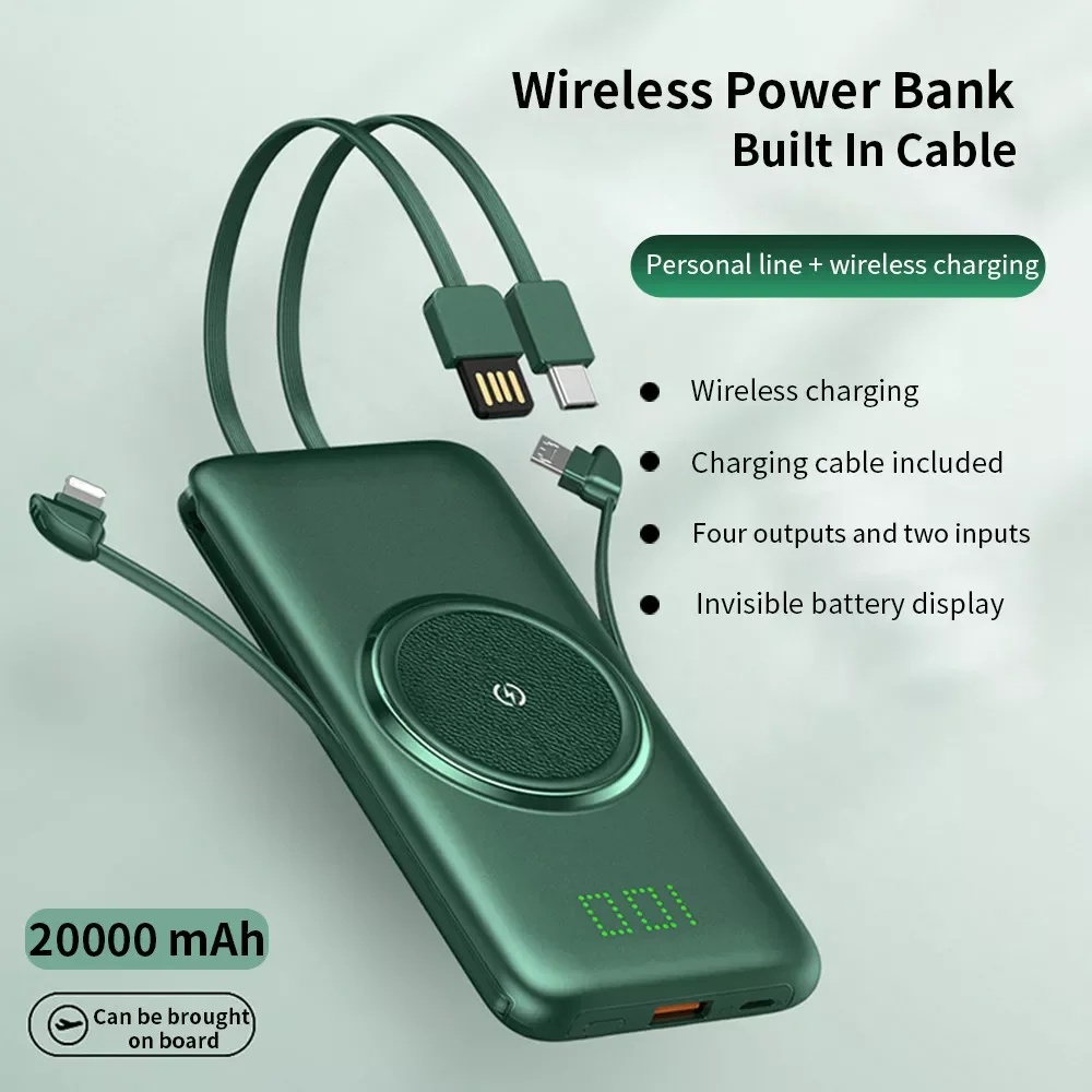 

Wireless Charger Power Bank Built-in 4 USB Type C Micro Cables For iPhone 10000mAh Powerbank Portable External Battery
